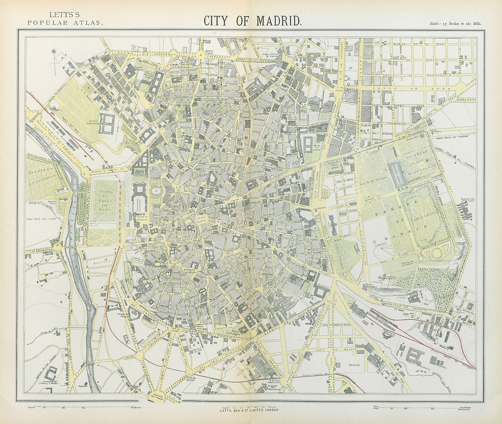 MADRID antique town city map plan. Railways. LETTS 1883 old chart